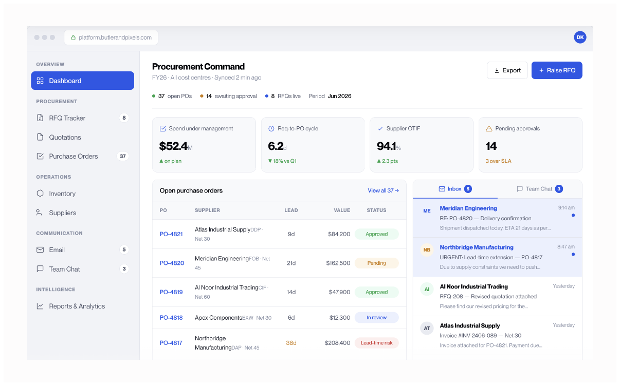 Operations platform dashboard showing procurement spend, supplier performance and approvals